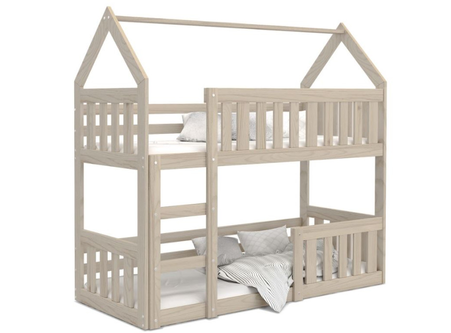 Detská poschodová domčeková posteľ z masívu borovice MINI s Montessori lôžkom - 160x80 cm - prírodná borovica