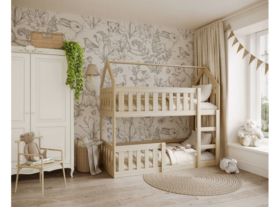 Detská poschodová domčeková posteľ z masívu borovice MINI s Montessori lôžkom - 160x80 cm - prírodná borovica
