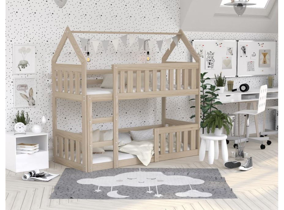 Detská poschodová domčeková posteľ z masívu borovice MINI s Montessori lôžkom - 160x80 cm - prírodná borovica