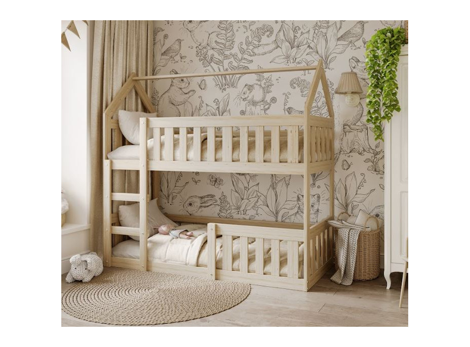 Detská poschodová domčeková posteľ z masívu borovice MINI s Montessori lôžkom - 190x80 cm - prírodná borovica