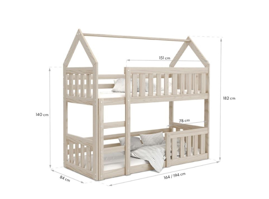 Detská poschodová domčeková posteľ z masívu borovice MINI s Montessori lôžkom - 160x80 cm - šedá