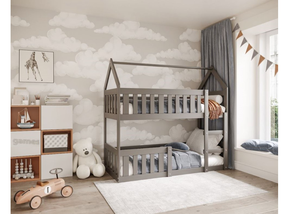 Detská poschodová domčeková posteľ z masívu borovice MINI s Montessori lôžkom - 190x80 cm - šedá