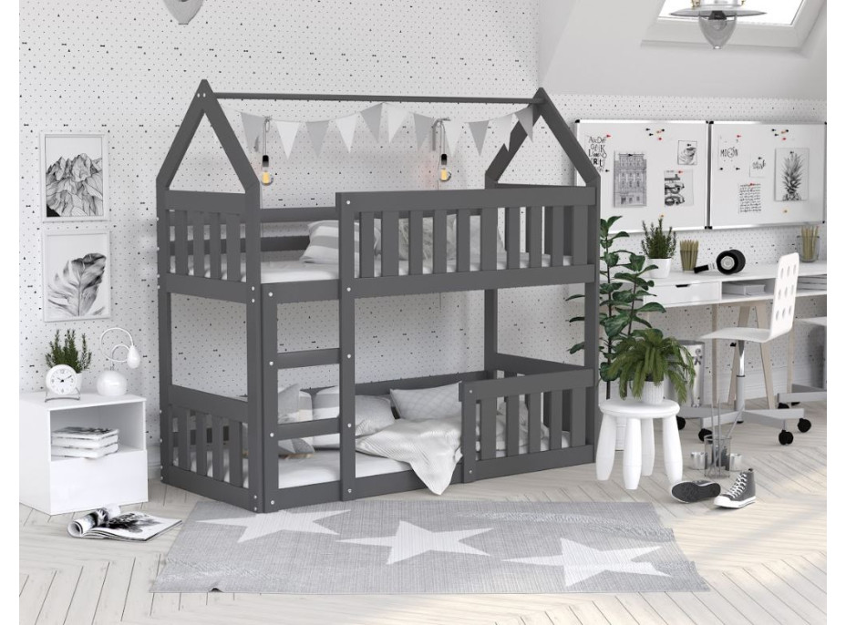Detská poschodová domčeková posteľ z masívu borovice MINI s Montessori lôžkom - 160x80 cm - šedá