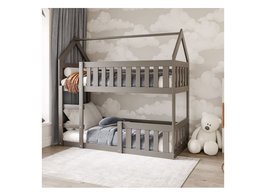 Detská poschodová domčeková posteľ z masívu borovice MINI s Montessori lôžkom - 160x80 cm - šedá