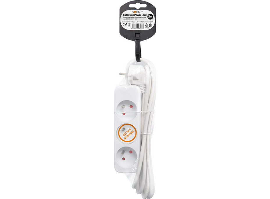 Solight predlžovací prívod 3m, 3 zásuvky, 16A/3680W, PVC, biely