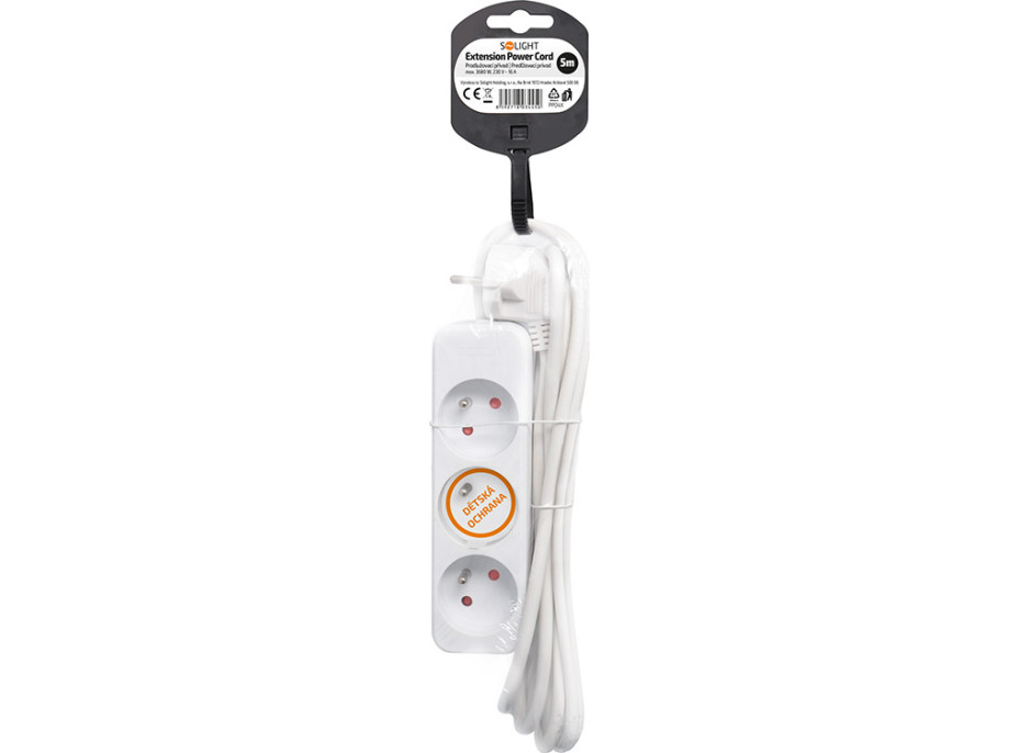 Solight predlžovací prívod 5m, 3 zásuvky, 16A/3680W, PVC, biely