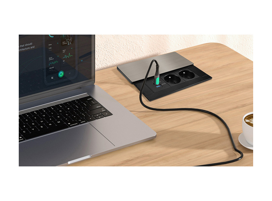 Solight vstavaný blok zásuviek s posuvným krytom, 2 zásuvky, USB A + C 20W PD, 2m, strieborný