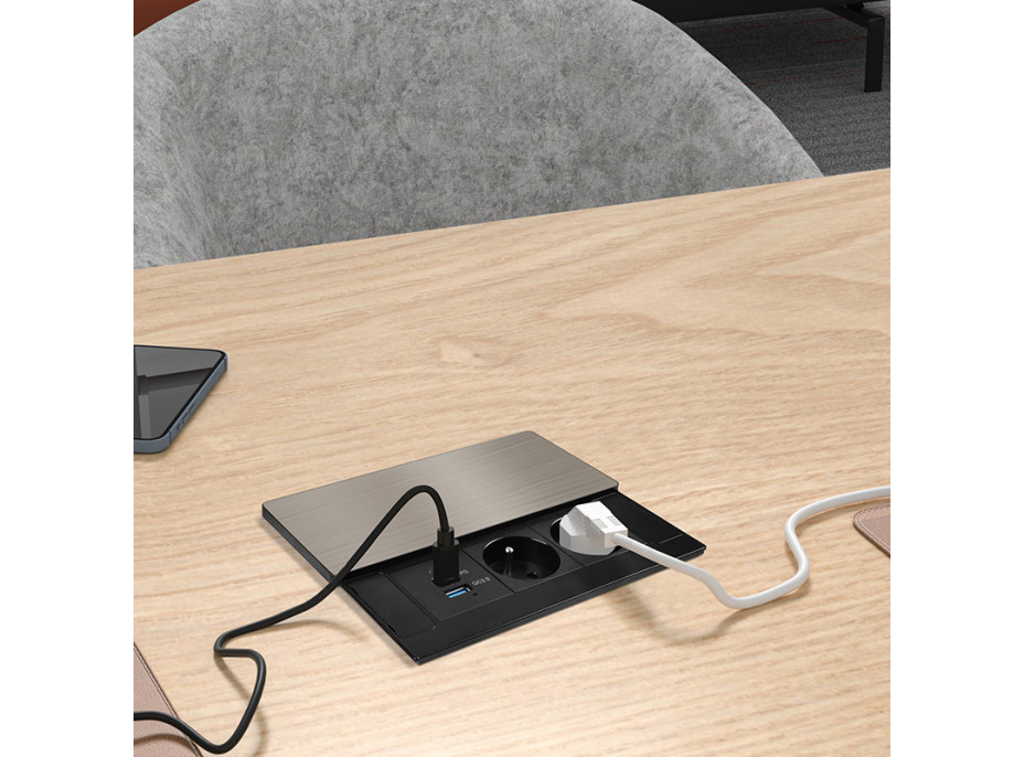 Solight vstavaný blok zásuviek s posuvným krytom, 2 zásuvky, USB A + C 65W PD, 2m, strieborný