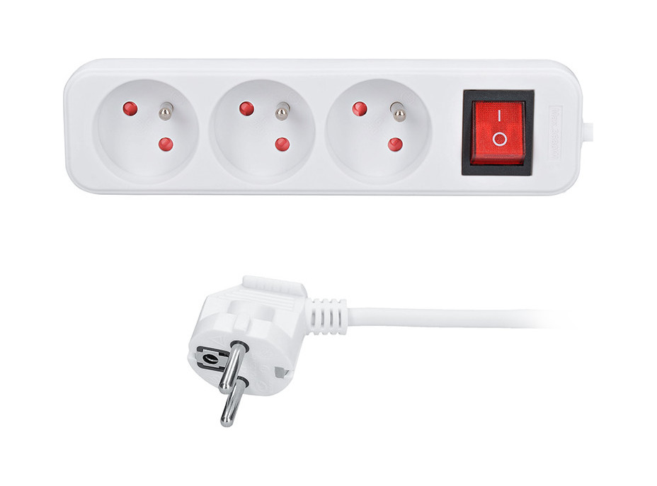 Solight predlžovací prívod 3m, 3 zásuvky, vypínač, 16A/3680W, PVC, biely