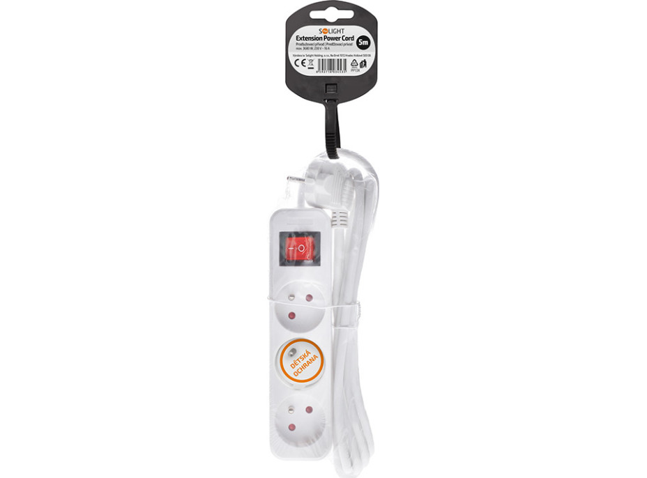 Solight predlžovací prívod 3m, 3 zásuvky, vypínač, 16A/3680W, PVC, biely