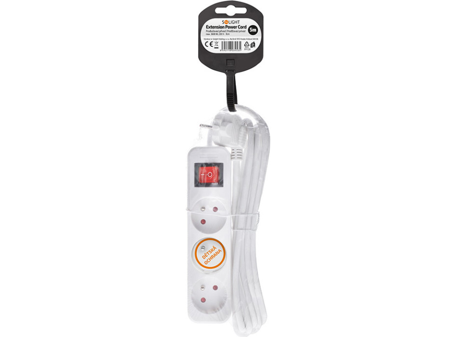 Solight predlžovací prívod 5m, 3 zásuvky, vypínač, 16A/3680W, PVC, biely
