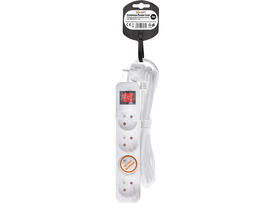 Solight predlžovací prívod 3m, 4 zásuvky, vypínač, 16A/3680W, PVC, biely