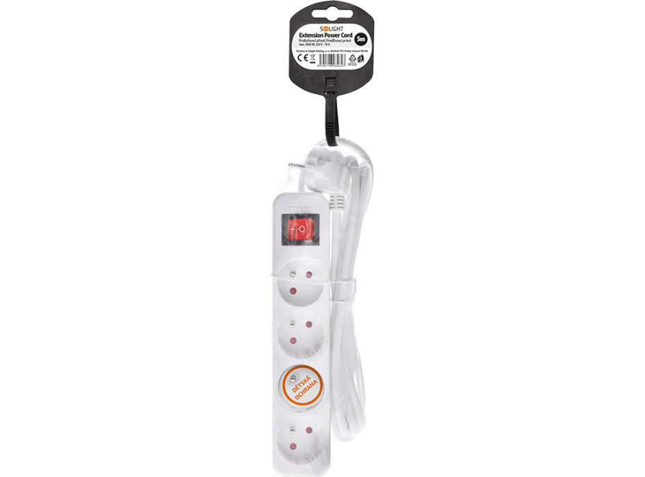 Solight predlžovací prívod 5m, 4 zásuvky, vypínač, 16A/3680W, PVC, biely