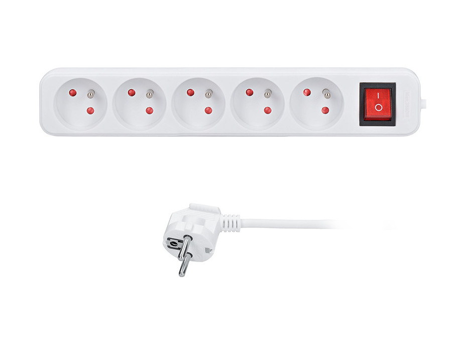 Solight predlžovací prívod 3m, 5 zásuviek, vypínač, 16A/3680W, PVC, biely