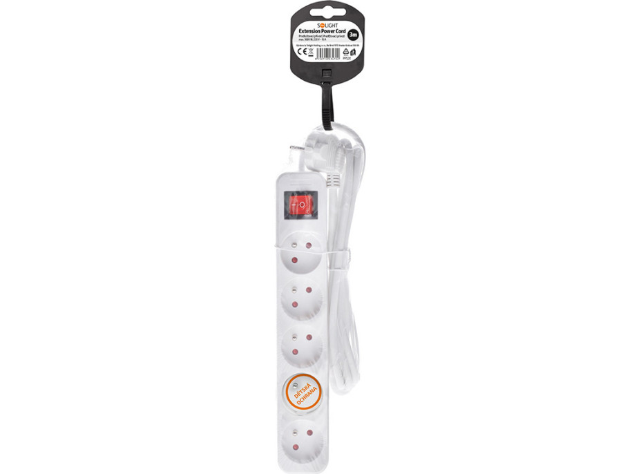 Solight predlžovací prívod 3m, 5 zásuviek, vypínač, 16A/3680W, PVC, biely