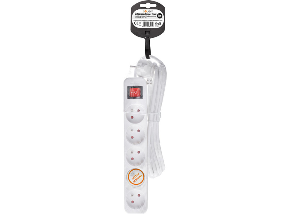 Solight predlžovací prívod 5m, 5 zásuviek, vypínač, 16A/3680W, PVC, biely
