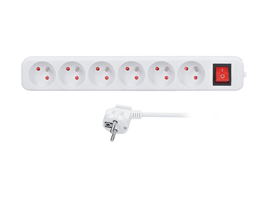 Solight predlžovací prívod 3m, 6 zásuviek, vypínač, 16A/3680W, PVC, biely