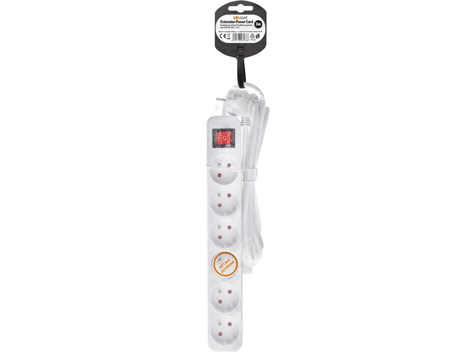 Solight predlžovací prívod 3m, 6 zásuviek, vypínač, 16A/3680W, PVC, biely