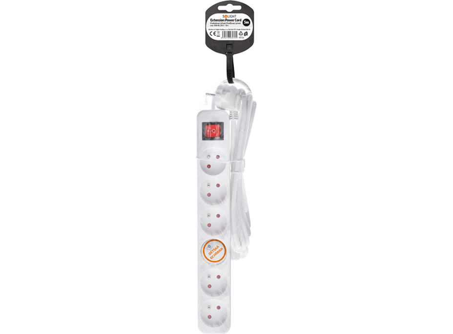 Solight predlžovací prívod 5m, 6 zásuviek, vypínač, 16A/3680W, PVC, biely