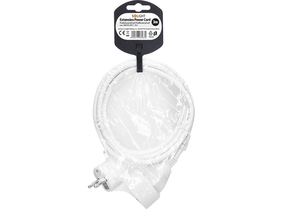 Solight predlžovací prívod 3m, 1 zásuvka, 16A/3680W, PVC, biely