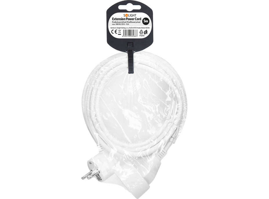 Solight predlžovací prívod 5m, 1 zásuvka, 16A/3680W, PVC, biely