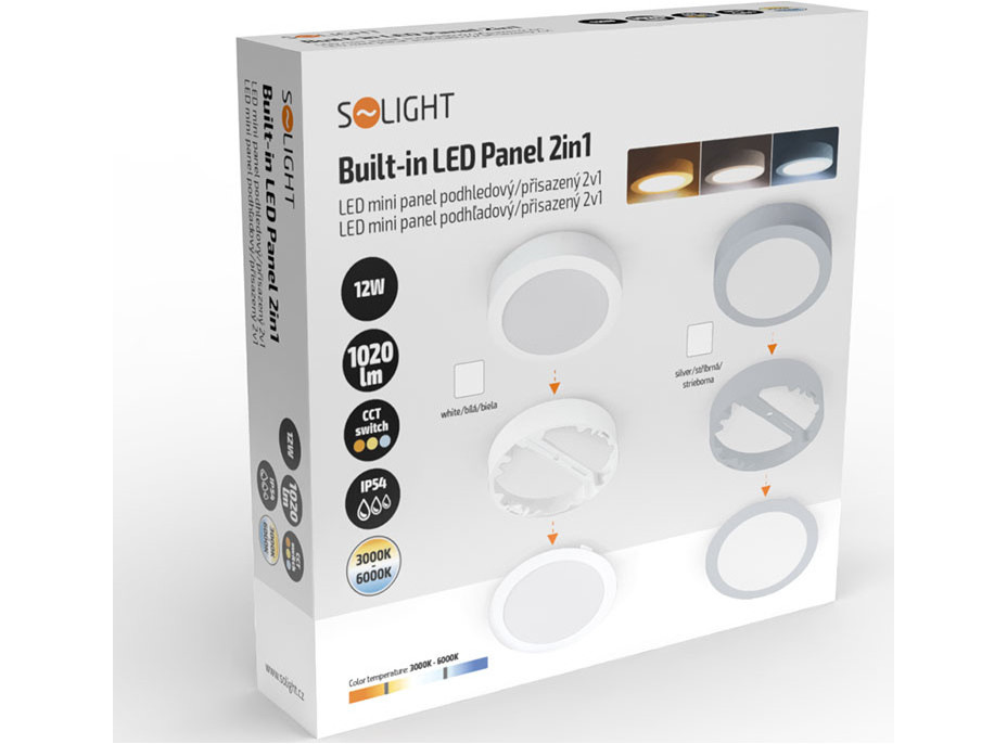 Solight LED mini panel kúpeľňový 2v1, 3CCT, podhľadový / prisadený, 12W, 1020lm, IP54, biela, okrúhly