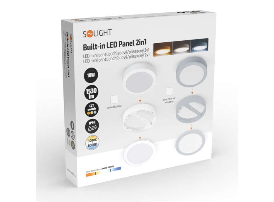 Solight LED mini panel kúpeľňový 2v1, 3CCT, podhľadový / prisadený, 18W, 1530lm, IP54, strieborná, okrúhly