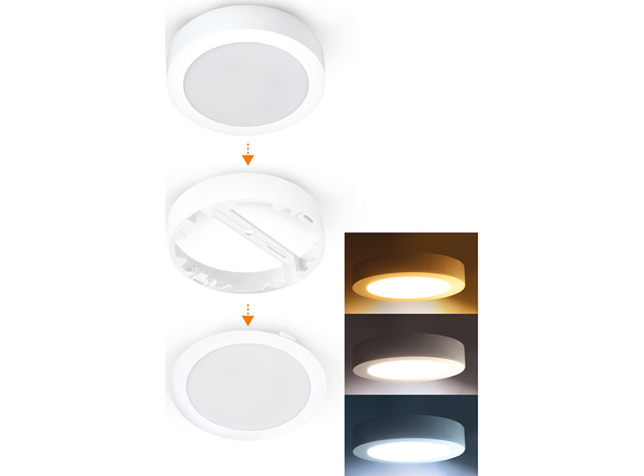 Solight LED mini panel kúpeľňový 2v1, 3CCT, podhľadový/prisadený, 18W, 1530lm, IP54, biela, okrúhly