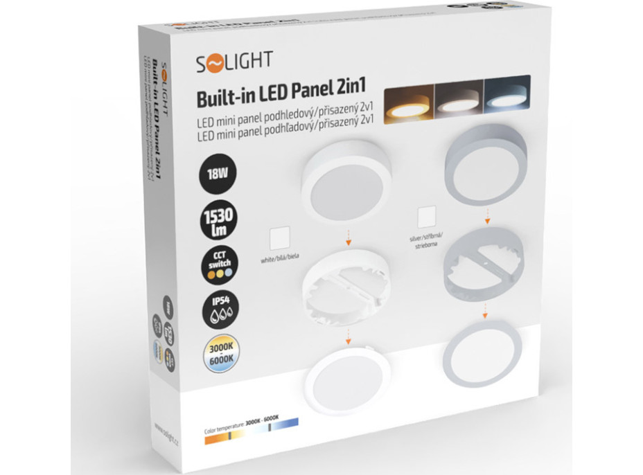 Solight LED mini panel kúpeľňový 2v1, 3CCT, podhľadový/prisadený, 18W, 1530lm, IP54, biela, okrúhly