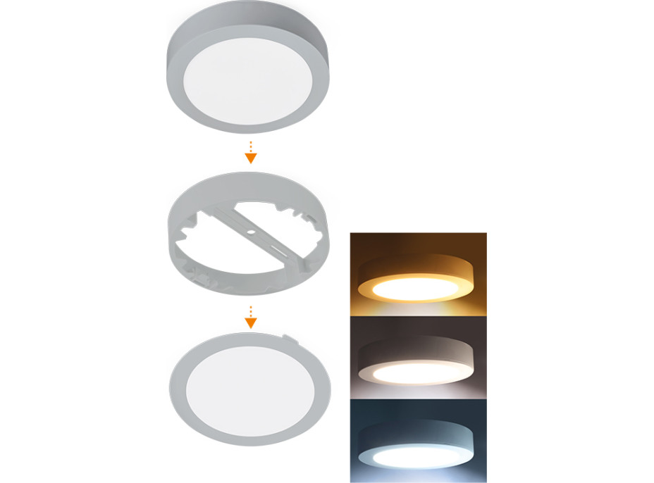 Solight LED mini panel kúpeľňový 2v1, 3CCT, podhľadový / prisadený, 24W, 2040lm, IP54, strieborná, okrúhly
