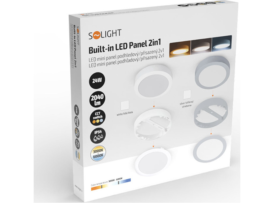 Solight LED mini panel kúpeľňový 2v1, 3CCT, podhľadový / prisadený, 24W, 2040lm, IP54, strieborná, okrúhly