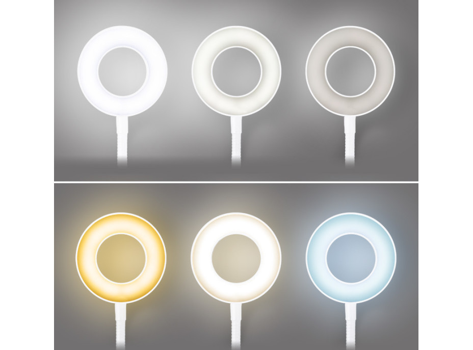 Solight LED stmievateľná stolná lampička s klipom biela, 300lm, nastaviteľná teplota svetla, USB