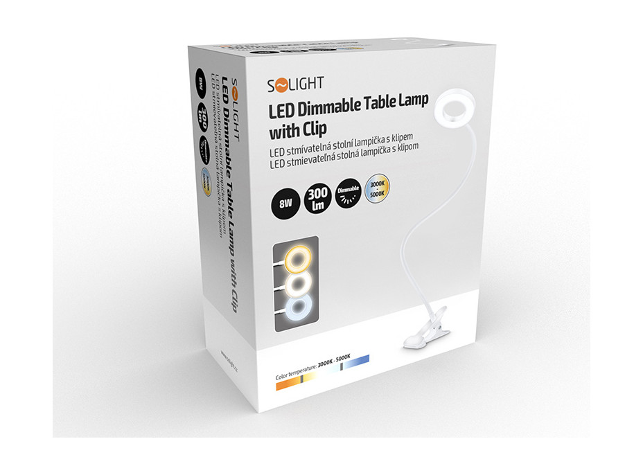 Solight LED stmievateľná stolná lampička s klipom biela, 300lm, nastaviteľná teplota svetla, USB