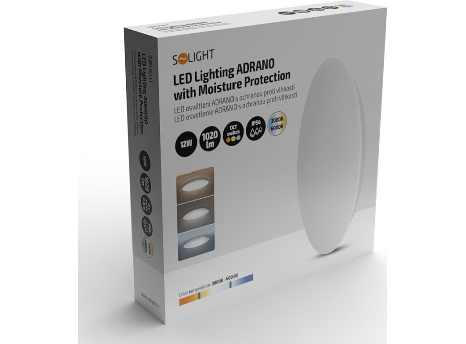 Solight LED osvetlenie Adrano s ochranou proti vlhkosti, IP54, 12W, 1020lm, 3CCT, 23cm