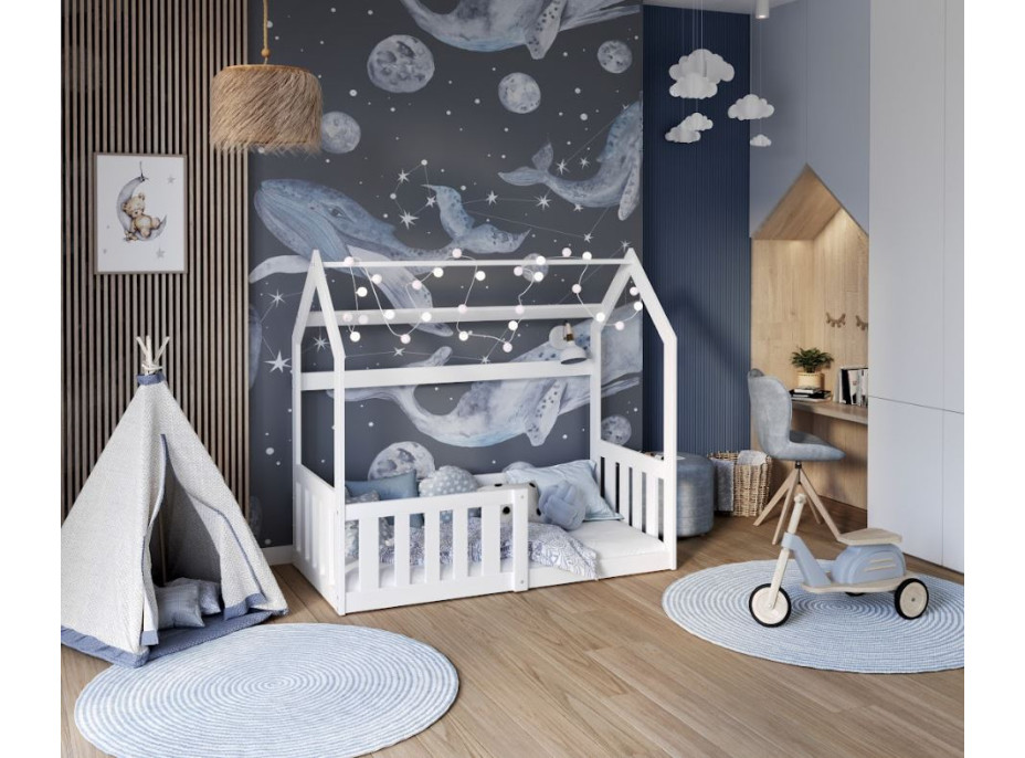Detská domčeková Montessori posteľ z masívu borovice GOFFY - 190x80 cm - biela