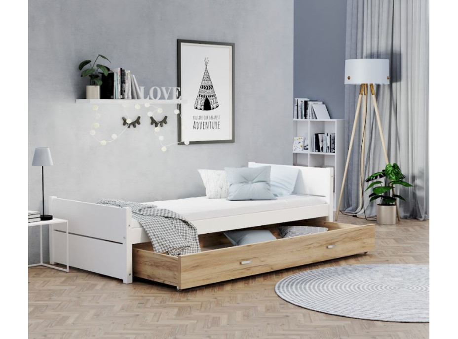 Detská posteľ so šuplíkom TYMON - 200x90 cm - biela/dub craft