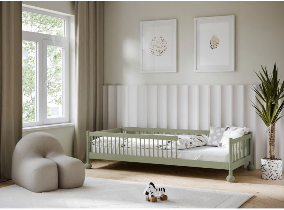 Detská Montessori posteľ z masívu borovice STEVE - 200x90 cm - OLIVOVO ZELENÁ