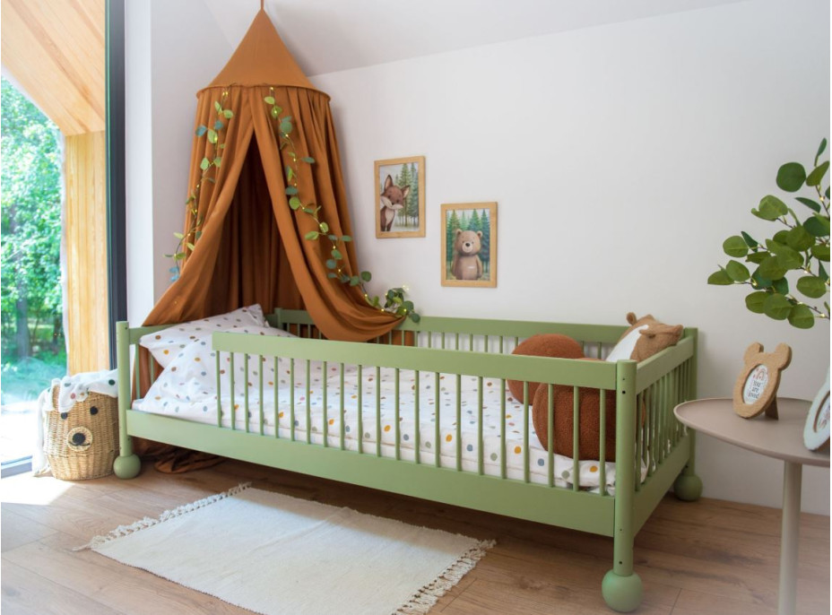 Detská Montessori posteľ z masívu borovice STEVE - 200x90 cm - OLIVOVO ZELENÁ