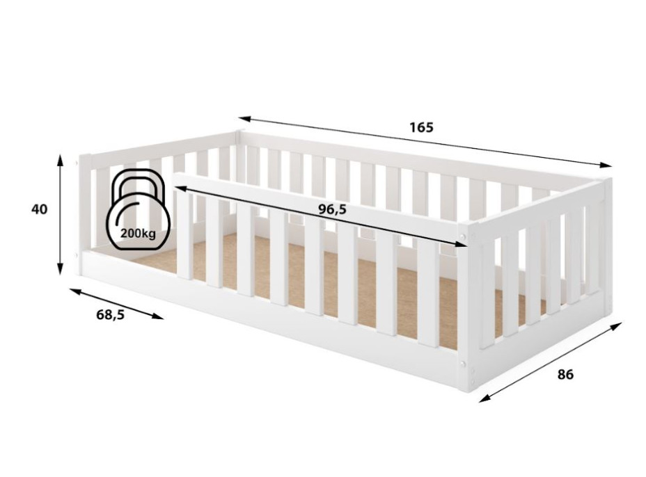 Detská Montessori posteľ z masívu borovice BELLA 160x80 cm - biela