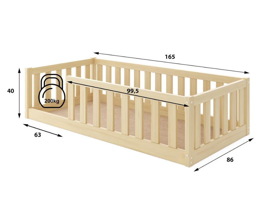 Detská Montessori posteľ z masívu borovice BELLA 160x80 cm - bez povrchových úprav