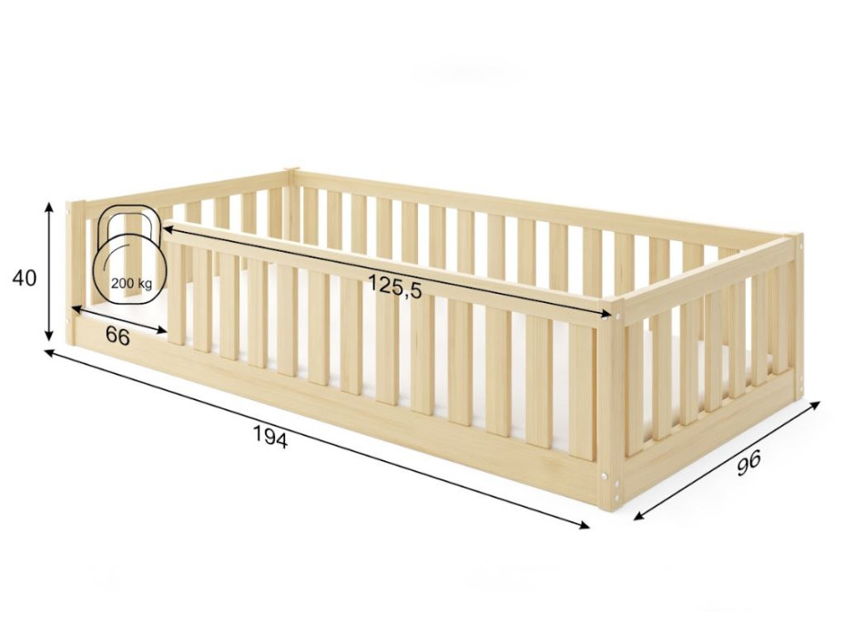 Detská Montessori posteľ z masívu borovice BELLA 190x90 cm - bez povrchových úprav