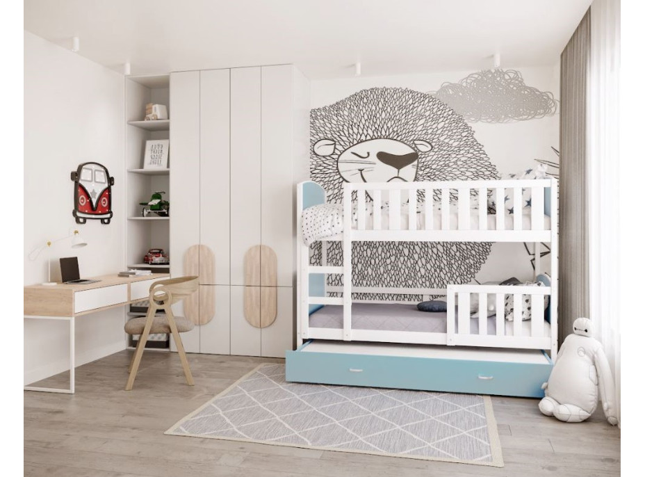 Detská poschodová posteľ s prístelkou TAMI Q - 200x90 cm - modro-biela