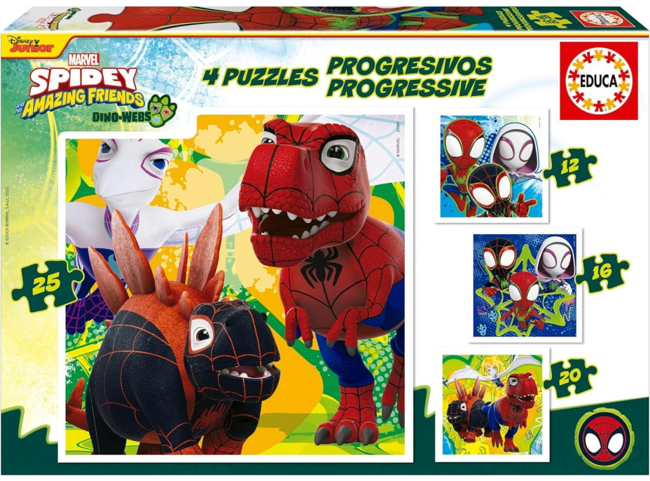 EDUCA Puzzle Spidey a jeho úžasní priatelia: Dino-web 4v1 (12,16,20,25 dielikov)