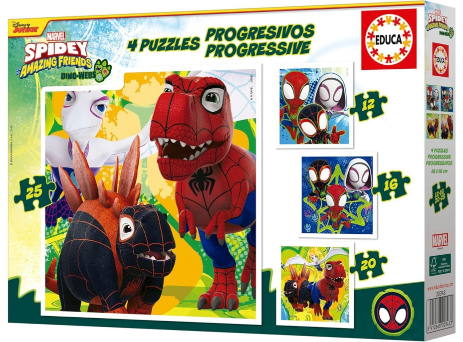 EDUCA Puzzle Spidey a jeho úžasní priatelia: Dino-web 4v1 (12,16,20,25 dielikov)