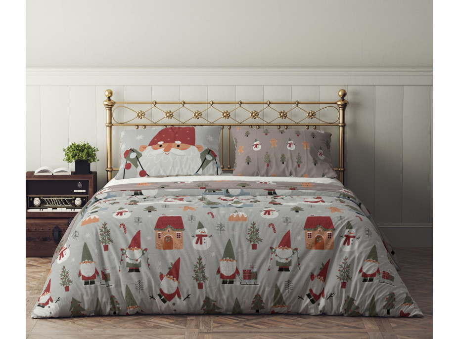 Posteľné obliečky z mikrovlákna HOLLY JOLLY Škriatok a snehuliak - šedé / hnedé - 160x200 cm