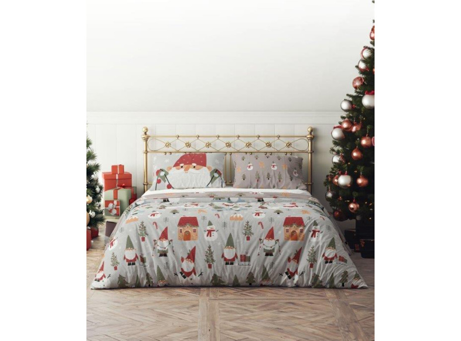Posteľné obliečky z mikrovlákna HOLLY JOLLY Škriatok a snehuliak - šedé / hnedé - 220x200 cm