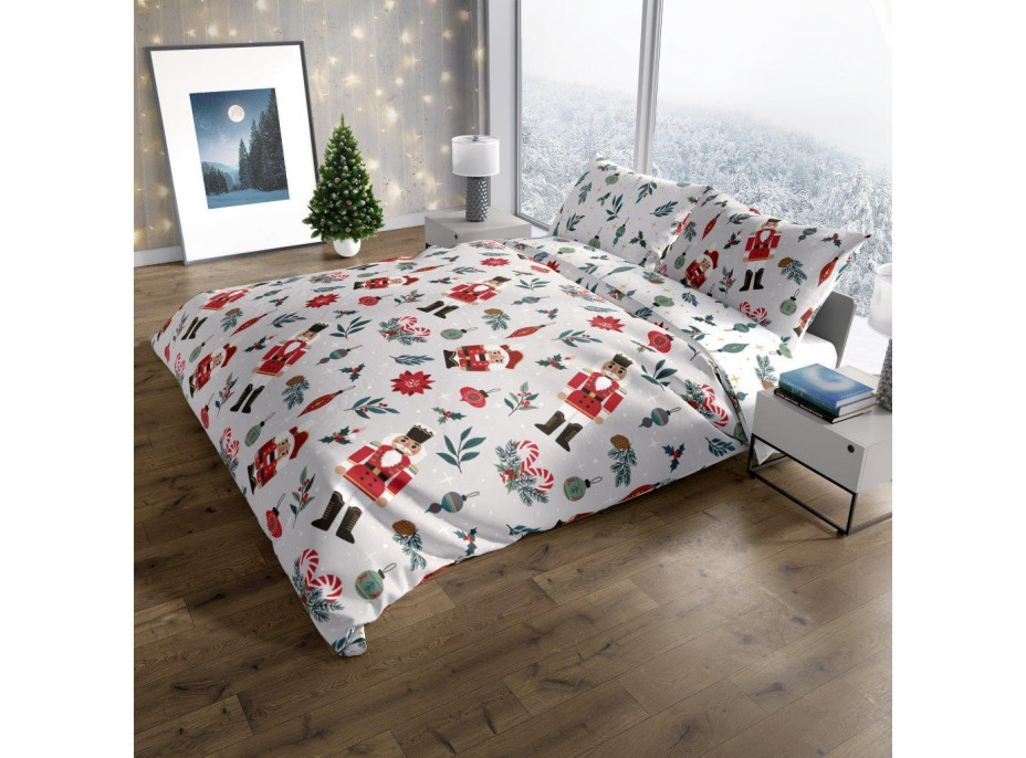 Bavlnené obliečky SCANDIC Luskáčikovia a ozdoby - šedé/biele - 160x200 cm