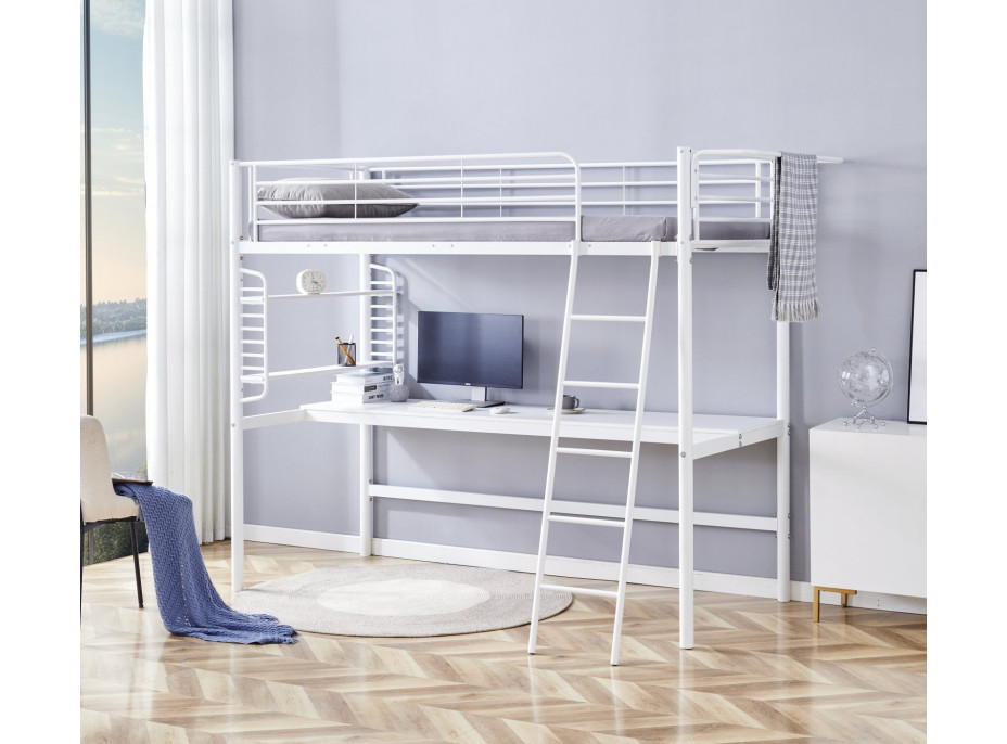 Kovová vyvýšená posteľ s písacím stolom DOLCE - 200x90 cm - biela