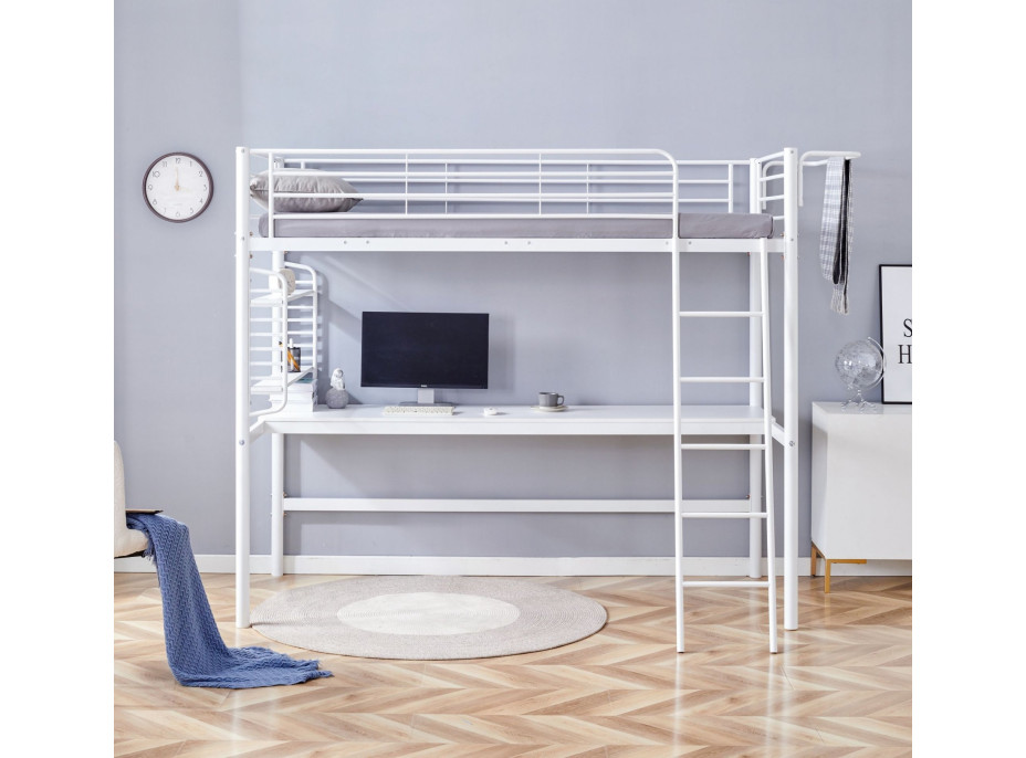 Kovová vyvýšená posteľ s písacím stolom DOLCE - 200x90 cm - biela