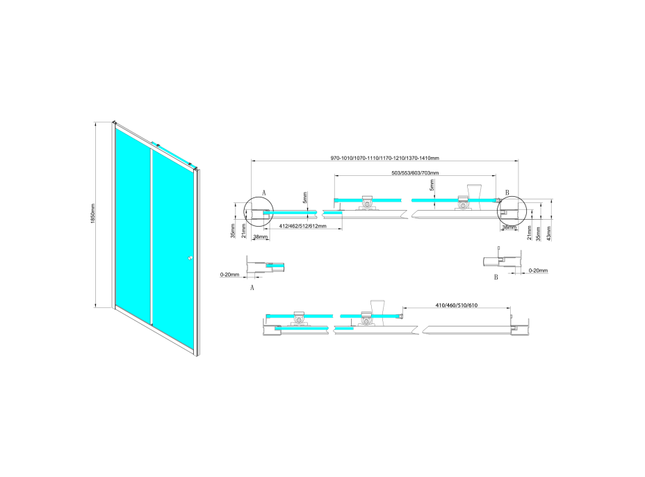 Aqualine UGGA posuvné sprchové dvere 1000 mm, sklo Brick, biela AWS100
